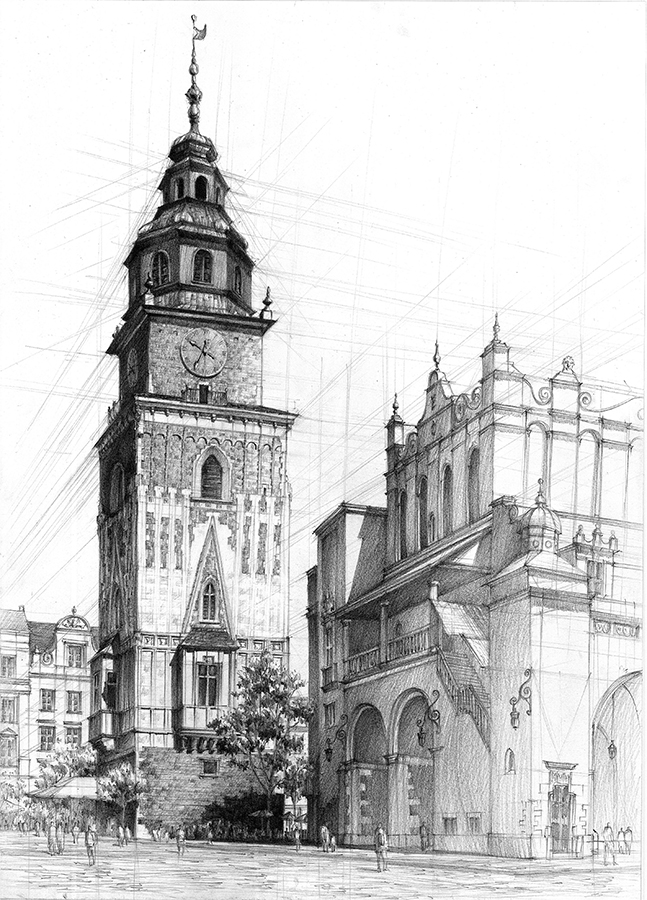 Rysunek architektoniczny przedstawiający ratusz w Krakowie
