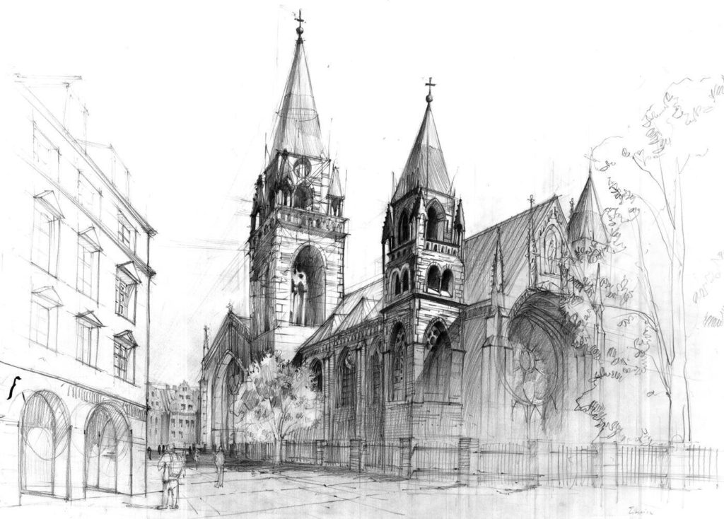 rysunek kościoła ołówkiem, czym jest dominanta na rysunki, wieże kościelne, kamienica z podcieniami arkadowymi
