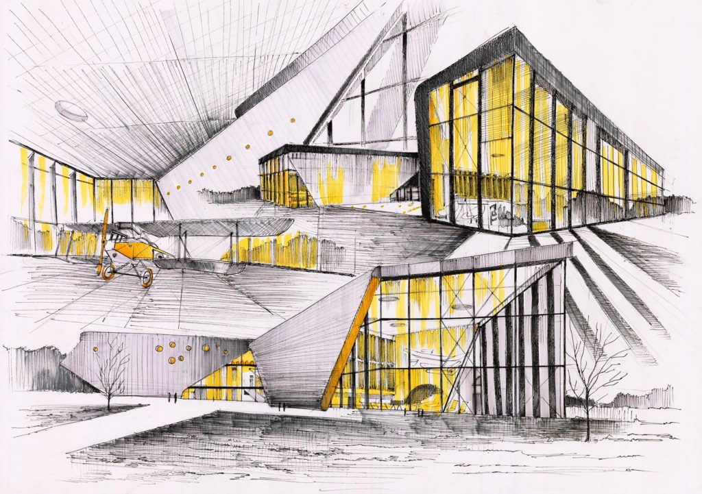 plansza architektury współczesnej, muzeum lotnictwa w krakowie rysunek, muzeum lotnictwa projekt