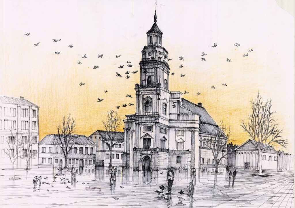 rysunek kościoła cienkopisem i kredką, rysunek placu z kościołem, kurs rysunku architektury historycznej w krakowie