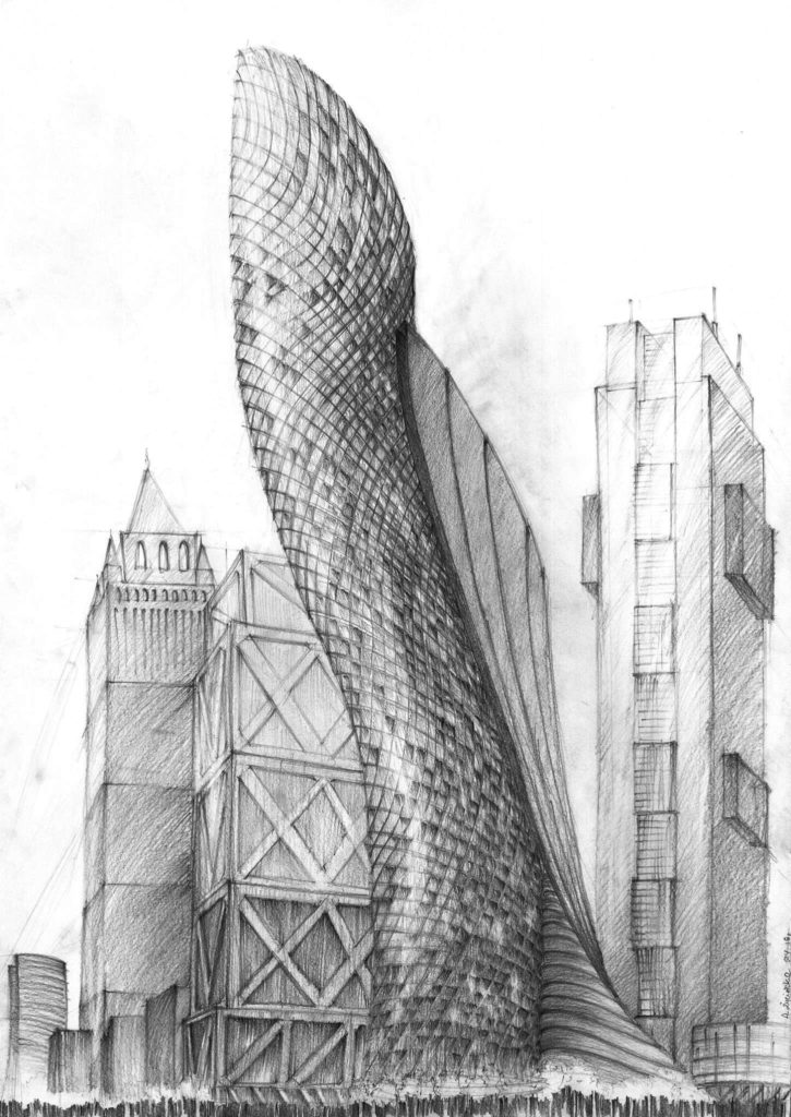 architektura współczesna, rysunek nowoczesnego miasta, projekt wieżowca, rysunek szkła ołówkiem
