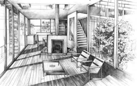 Projekt wnętrza domu wykonany na kursie rysunku na architekturę
