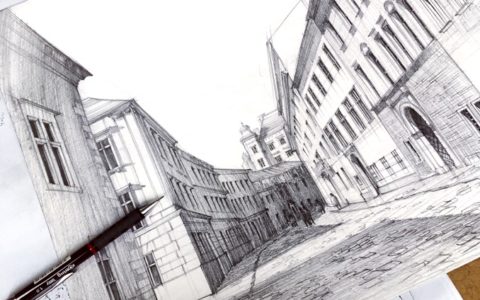 rysunek pieszej uliczki ołówkiem, kurs rysunku architektonicznego w krakowie, rysunek odręczny, rysunek perspektywiczny