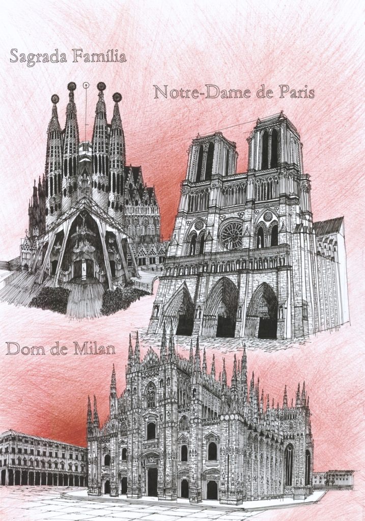 Gotyckie katedry narysowane techniką mieszaną - cienkopisem i kredką