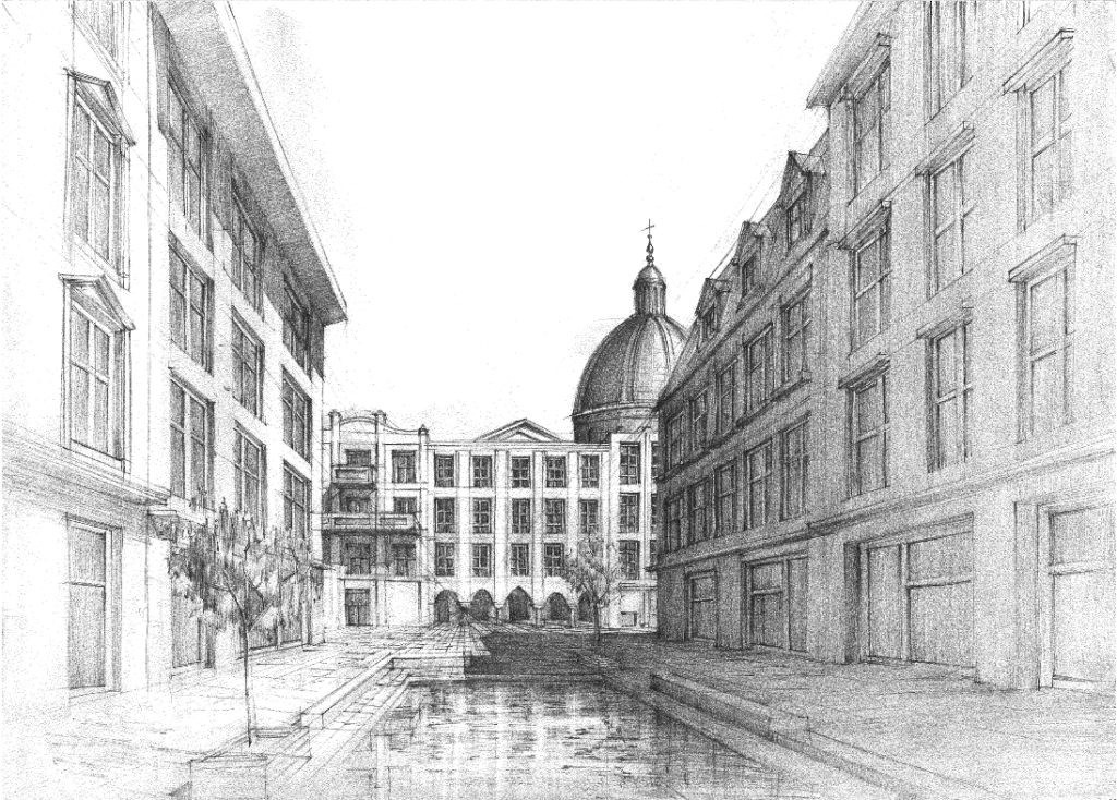 Rysunek autorki wpisu, przedstawiający plac miejski