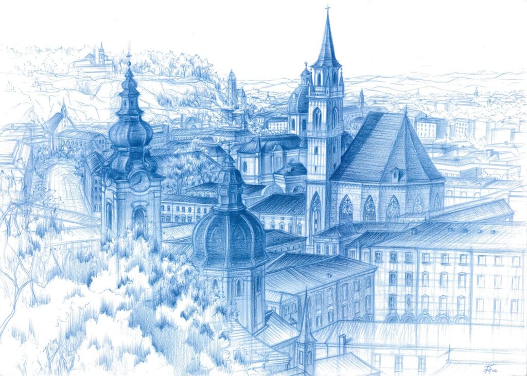 Wykonany kredką rysunek przedstawiający architekturę Salzburga