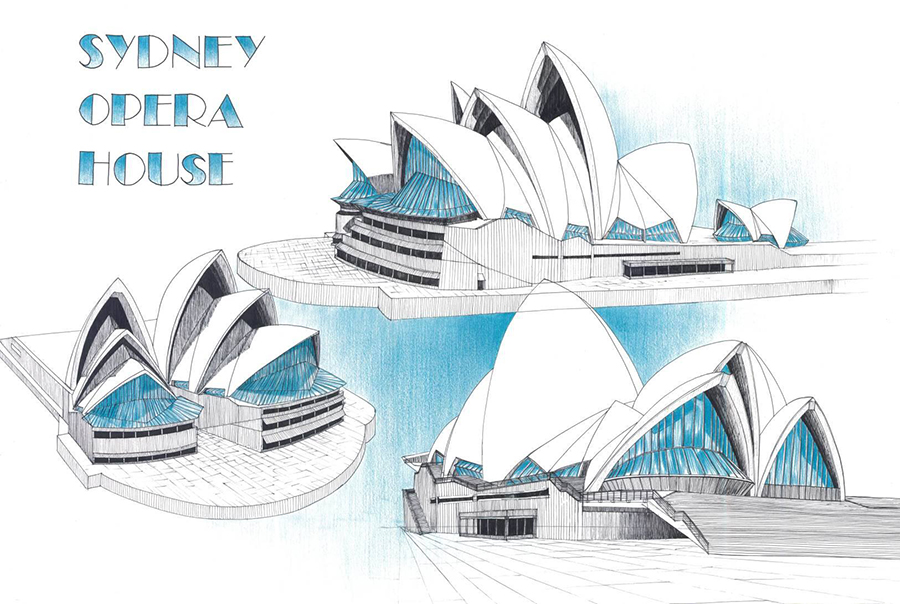 Rysunek Sidney Opera House kredkami i cienkopisem