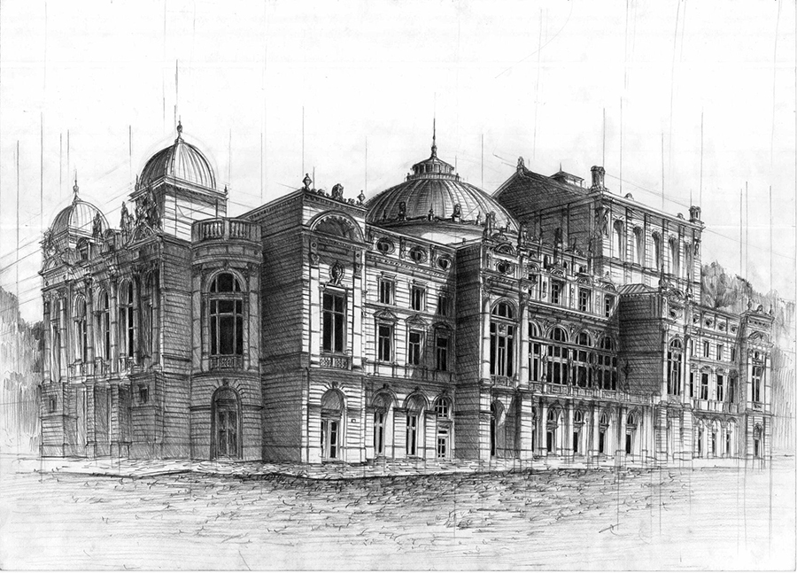 Rysunek architektoniczny przedstawiający Teatr Słowackiego w Krakowie