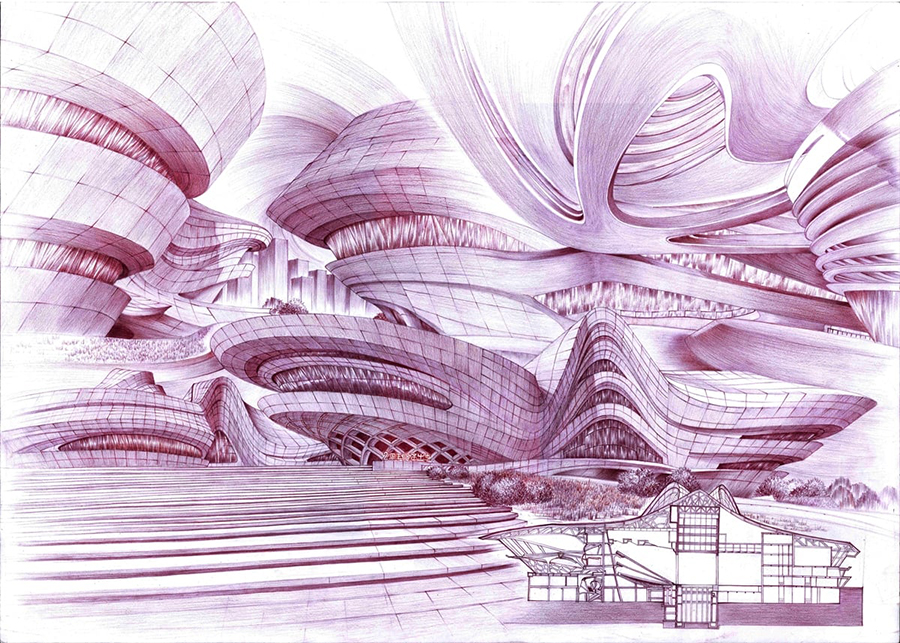 Wykonany kredką rysunek przedstawiający nowoczesną architekturę