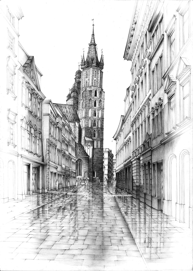 Rysunek architektoniczny przedstawiający historyczną ulicę w Krakowie