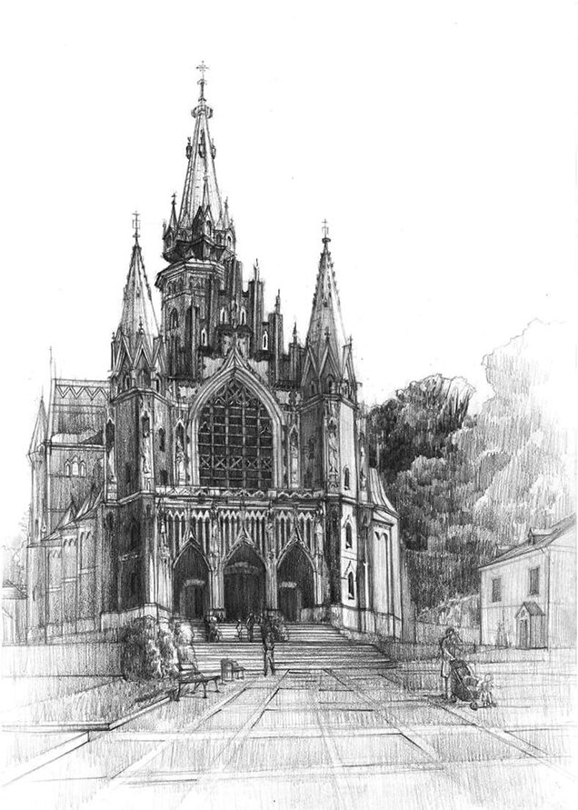Rysunek architektoniczny przedstawiający kościół św. Józefa w Krakowie
