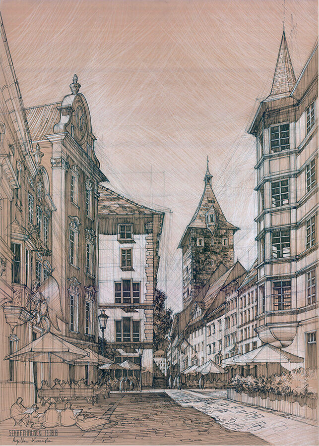 Rysunek architektoniczny białą kredką i cienkopisem na brązowej kartce