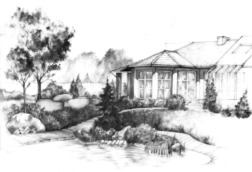 Rysunek architektoniczny przedstawiający dom z ogrodem